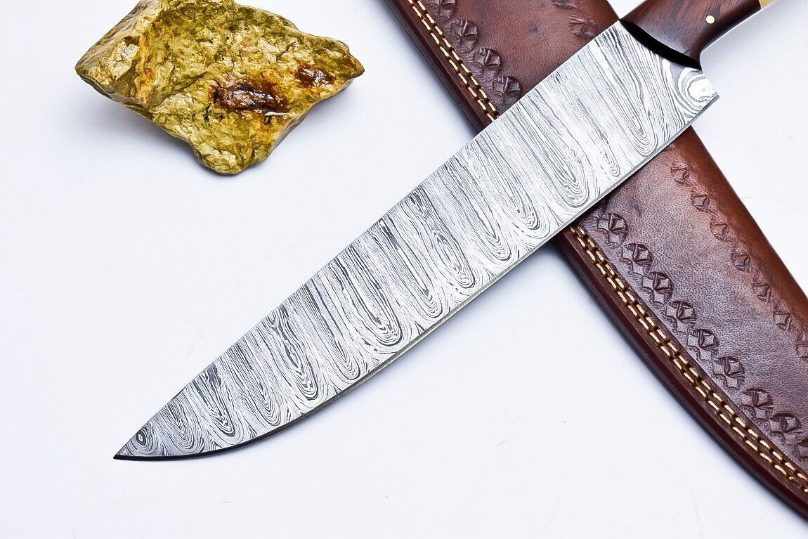 Custom Handmade Damascus Chef & Hunting Knife – 9" Blade with Bone & Wood Handle + Leather Sheath