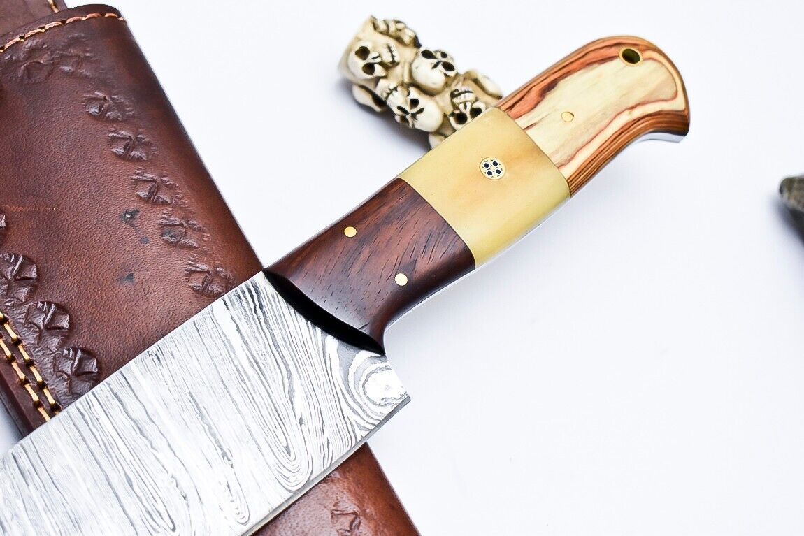 Custom Handmade Damascus Chef & Hunting Knife – 9" Blade with Bone & Wood Handle + Leather Sheath