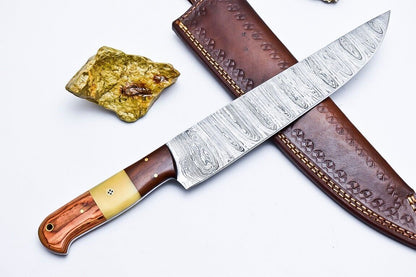 Custom Handmade Damascus Chef & Hunting Knife – 9" Blade with Bone & Wood Handle + Leather Sheath