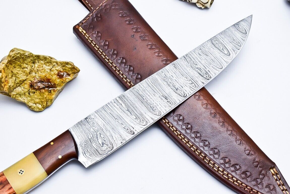 Custom Handmade Damascus Chef & Hunting Knife – 9" Blade with Bone & Wood Handle + Leather Sheath