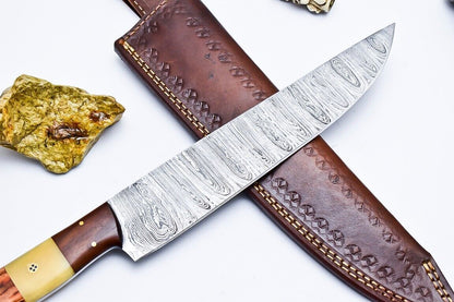 Custom Handmade Damascus Chef & Hunting Knife – 9" Blade with Bone & Wood Handle + Leather Sheath