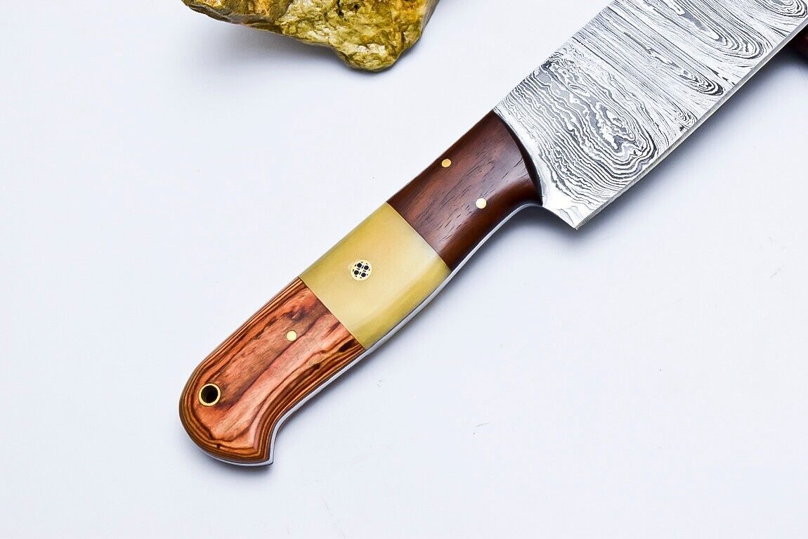 Custom Handmade Damascus Chef & Hunting Knife – 9" Blade with Bone & Wood Handle + Leather Sheath