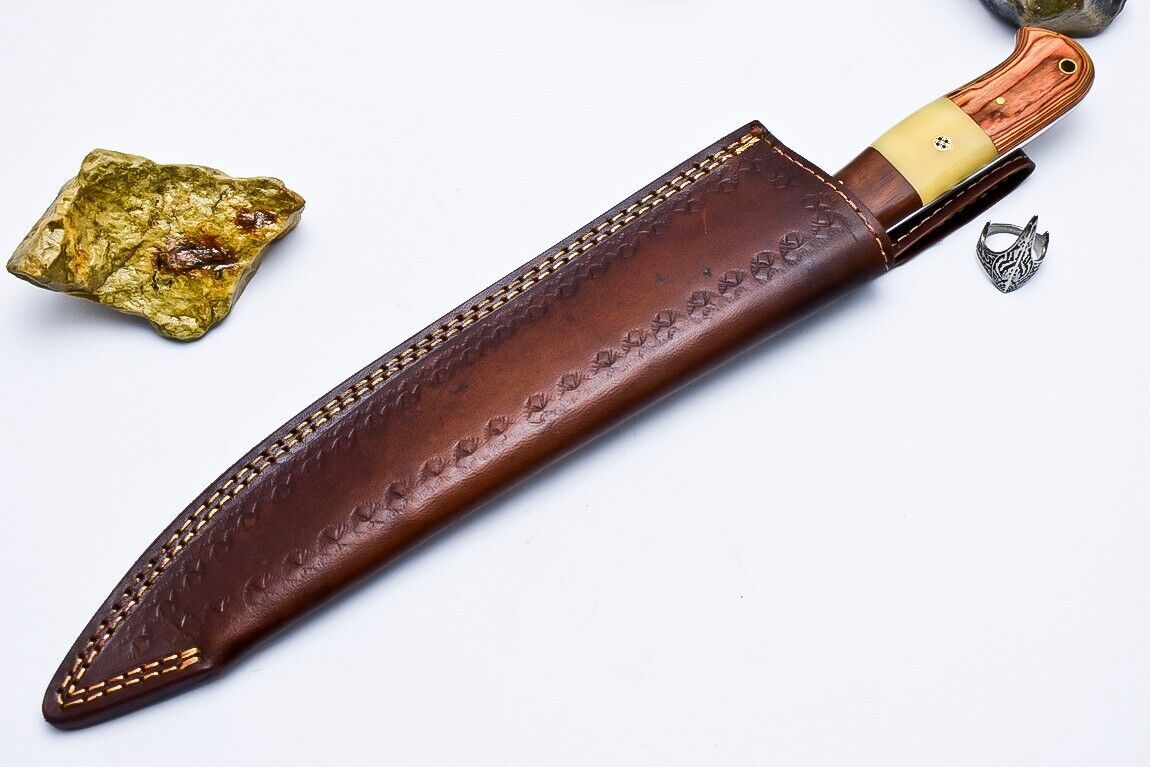 Custom Handmade Damascus Chef & Hunting Knife – 9" Blade with Bone & Wood Handle + Leather Sheath