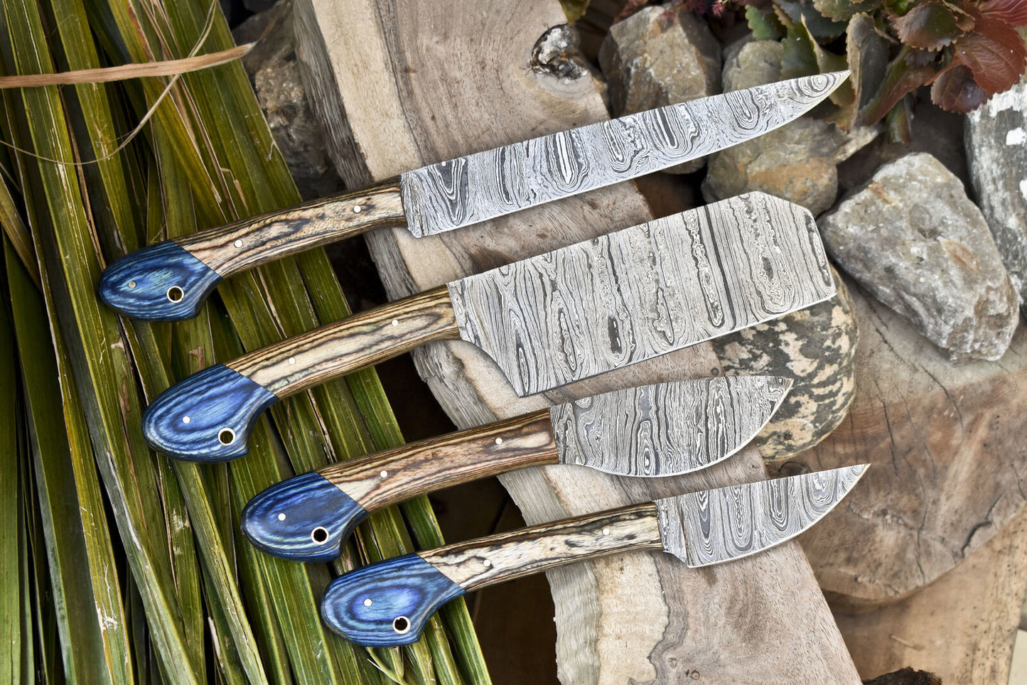 Handcrafted Damascus Chef Knife Set of 4 – Ash Wood Handle, 13" Full Tang Kitchen Knives