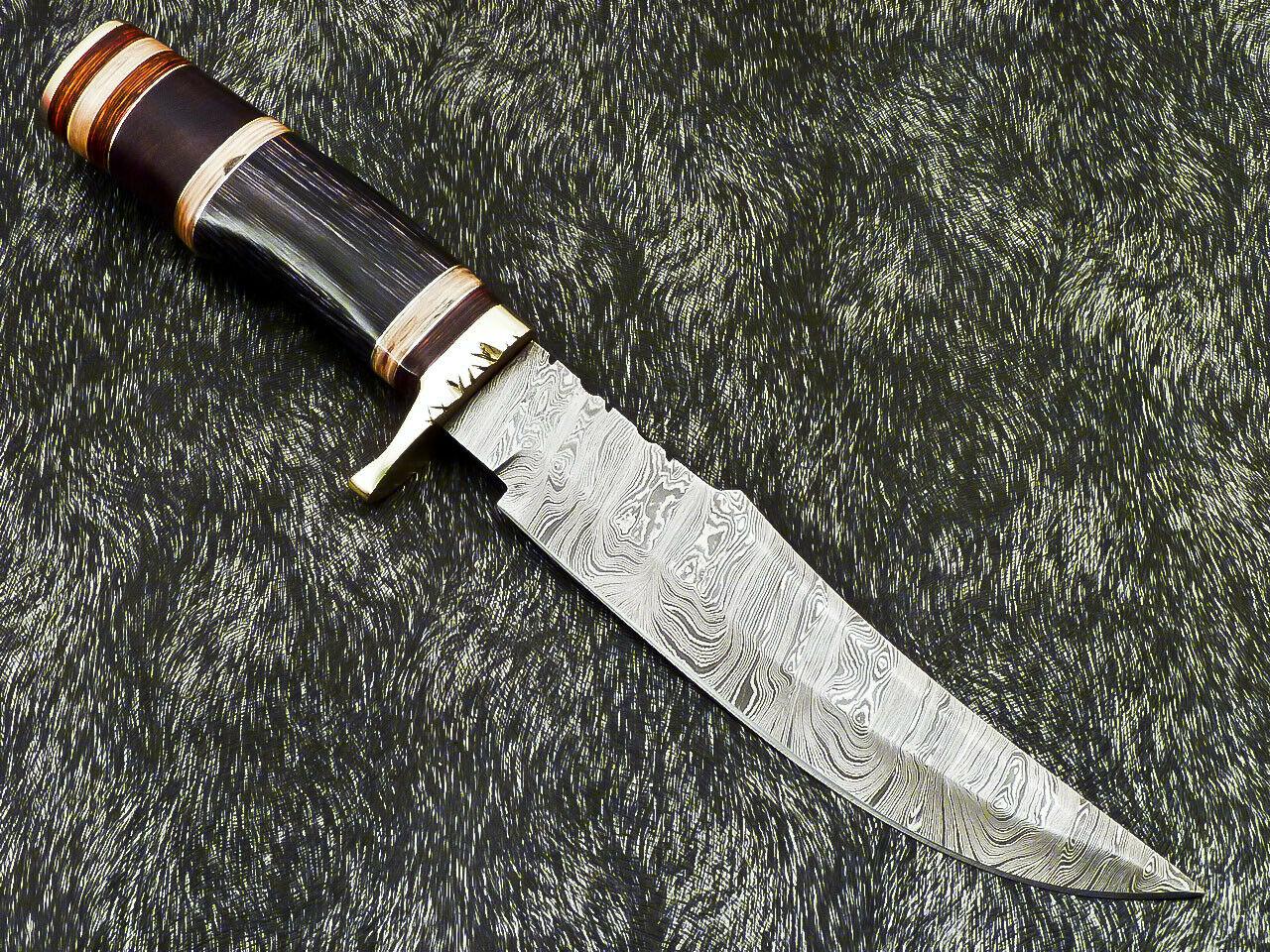 Authentic 13" Handmade Damascus Bowie Hunting Knife – Hardwood Handle with Leather Sheath