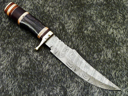 Authentic 13" Handmade Damascus Bowie Hunting Knife – Hardwood Handle with Leather Sheath