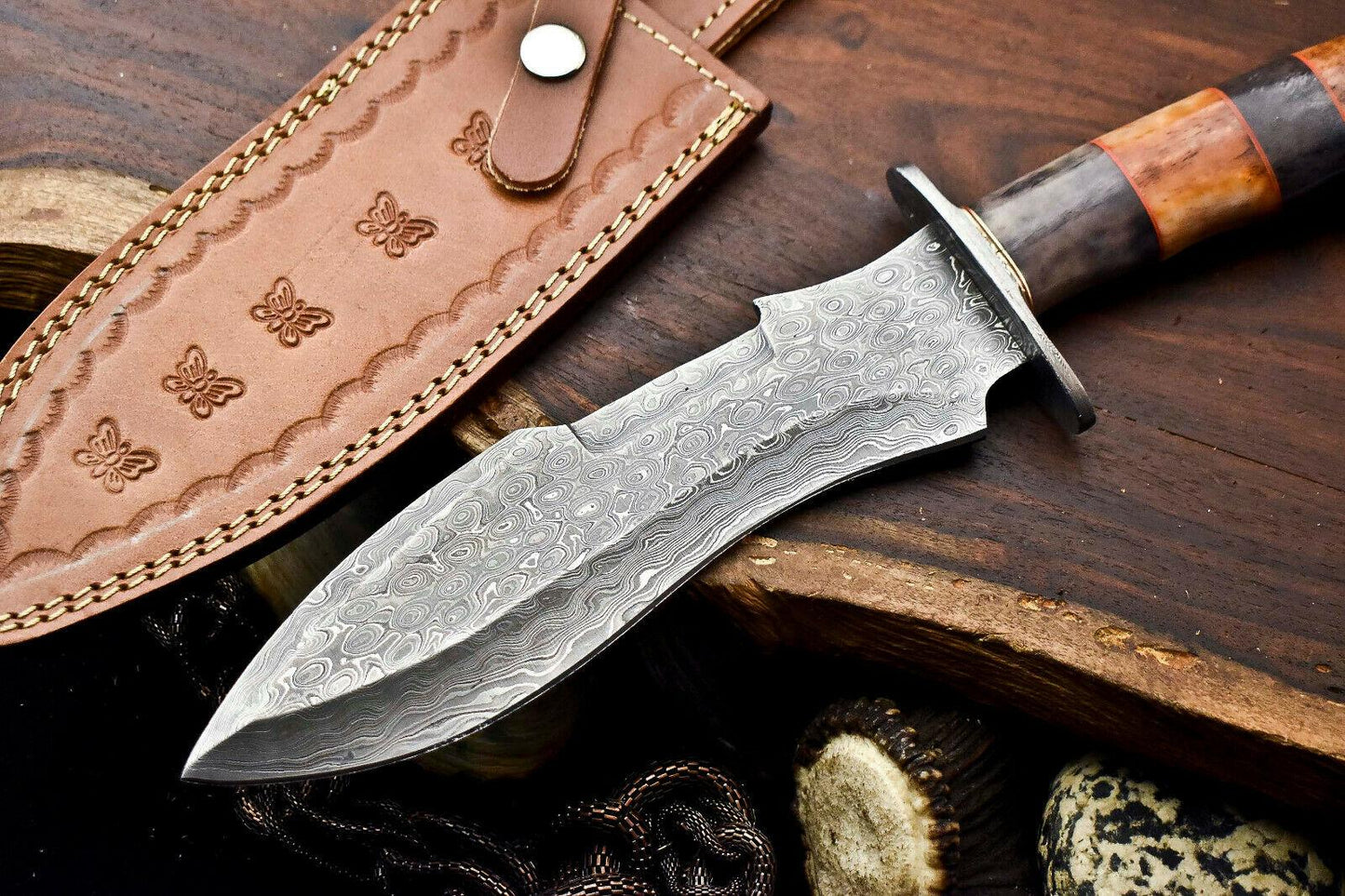 13" Damascus Steel Bowie Knife | Camel Bone Handle