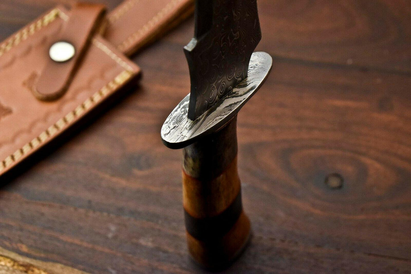 13" Damascus Steel Bowie Knife | Camel Bone Handle