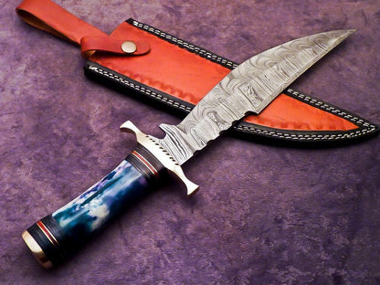 15 Inch Handmade Damascus Steel Bowie Hunting Knife with Epoxy Resin and Brass Handle by Heritage Forge