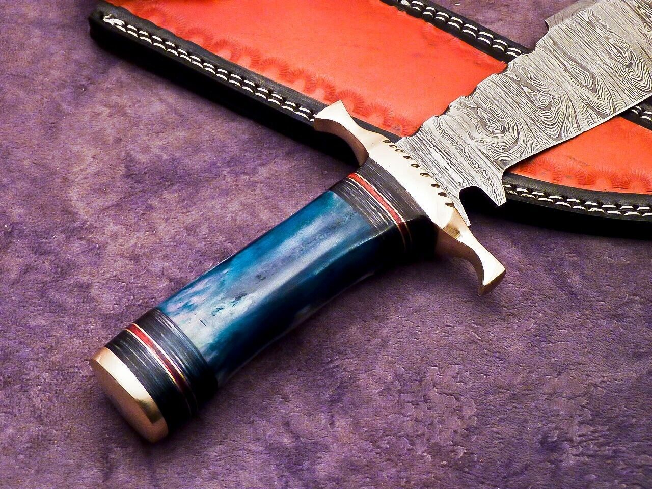 15 Inch Handmade Damascus Steel Bowie Hunting Knife with Epoxy Resin and Brass Handle by Heritage Forge
