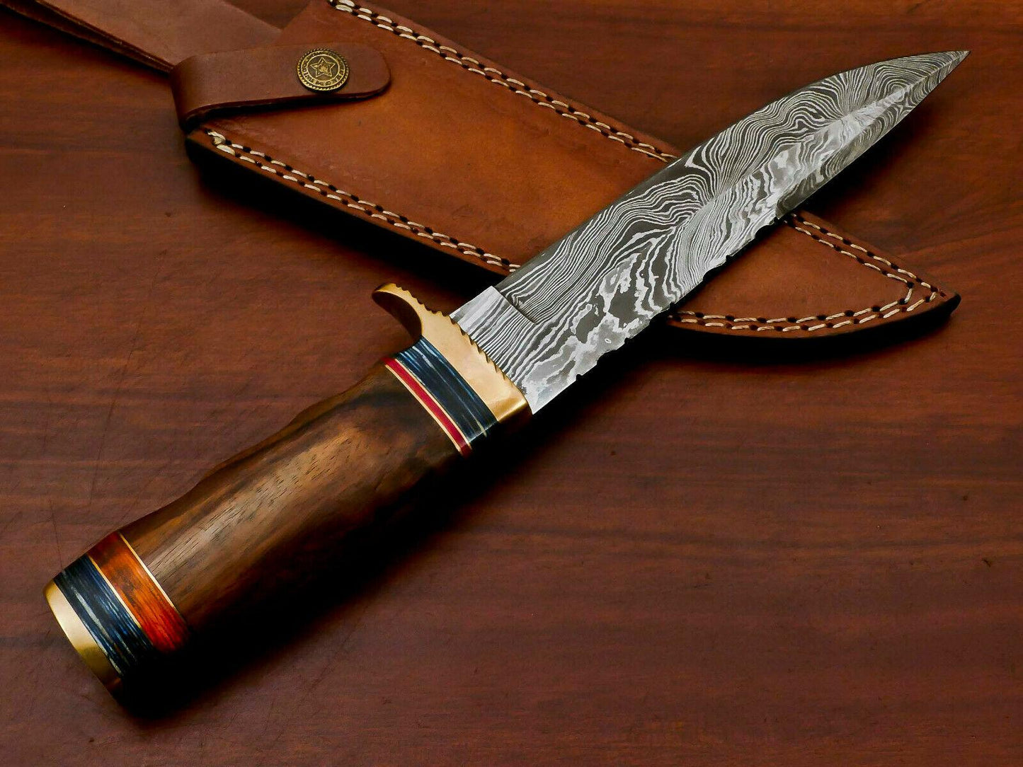 12" Handmade Damascus Bowie Hunting Knife | Rose Wood & Pakka Wood Handle
