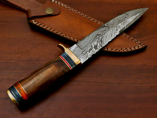 12" Handmade Damascus Bowie Knife Damascus Steel Knife With Rose Wood & Pakka Wood Handle