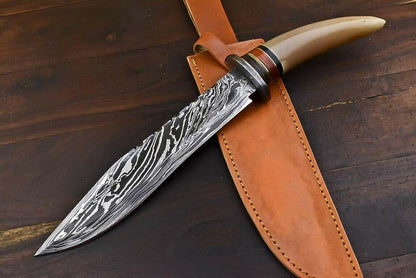 13.5" Tanto Damascus Bowie Knife – Bull Horn Handle & Leather Sheath