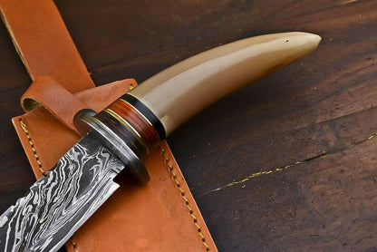 13.5" Tanto Damascus Bowie Knife – Bull Horn Handle & Leather Sheath