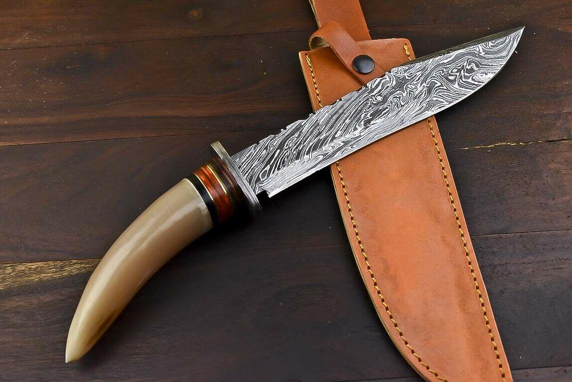13.5" Tanto Damascus Bowie Knife – Bull Horn Handle & Leather Sheath