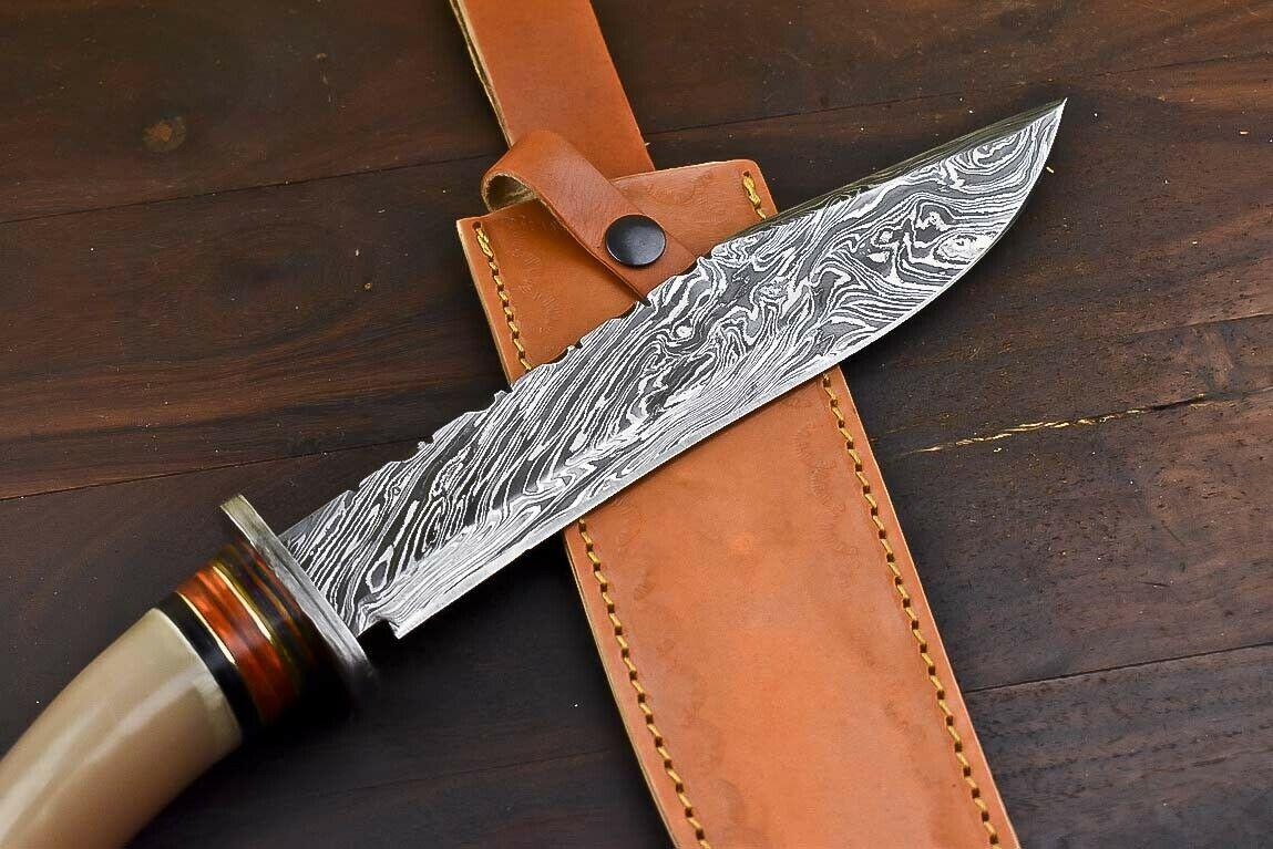 13.5" Tanto Damascus Bowie Knife – Bull Horn Handle & Leather Sheath