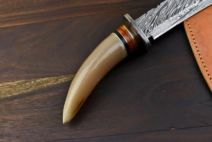 13.5" Tanto Damascus Bowie Knife – Bull Horn Handle & Leather Sheath