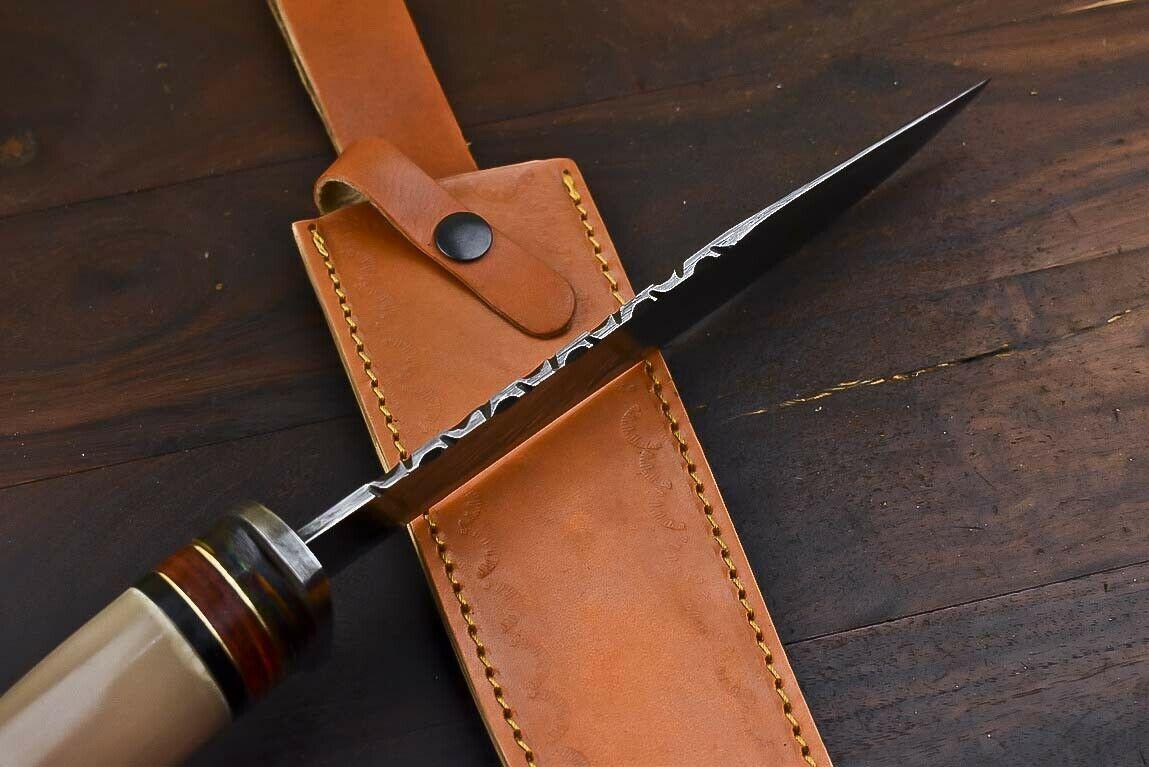 13.5" Tanto Damascus Bowie Knife – Bull Horn Handle & Leather Sheath
