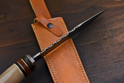 13.5" Tanto Damascus Bowie Knife – Bull Horn Handle & Leather Sheath