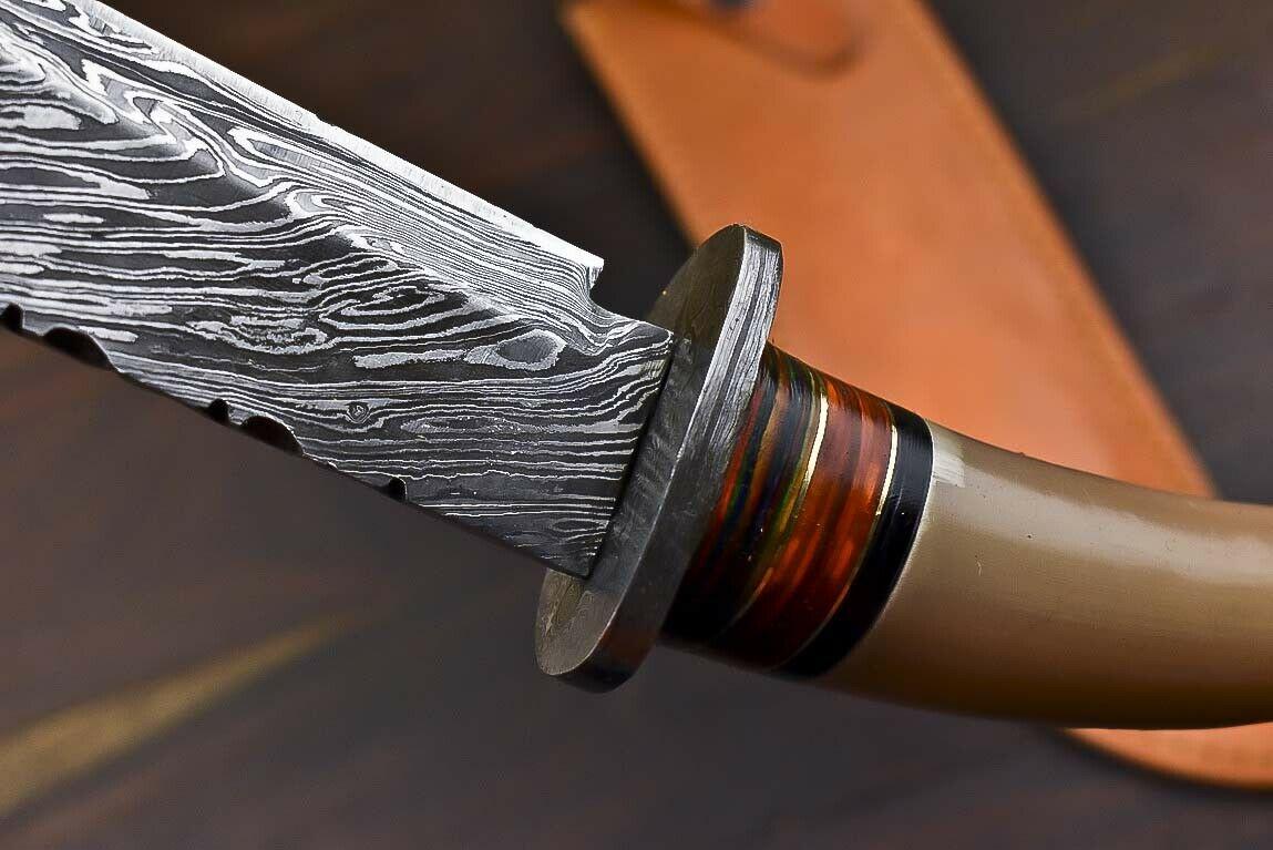 13.5" Tanto Damascus Bowie Knife – Bull Horn Handle & Leather Sheath