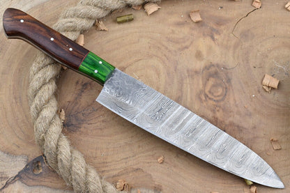 Custom Handmade Forged Damascus Steel Kitchen Chef Knife with Rose Wood Handle