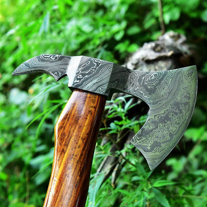 Custom Hand Forged Damascus Steel Viking Bearded Camping Hatchet Tomahawk Axe with Natural Wood Handle and Leather Sheath
