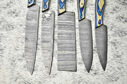 Lot of 5 Handmade Hammered Damascus Steel Full Tang Chef Knives | Hard Wood Handles