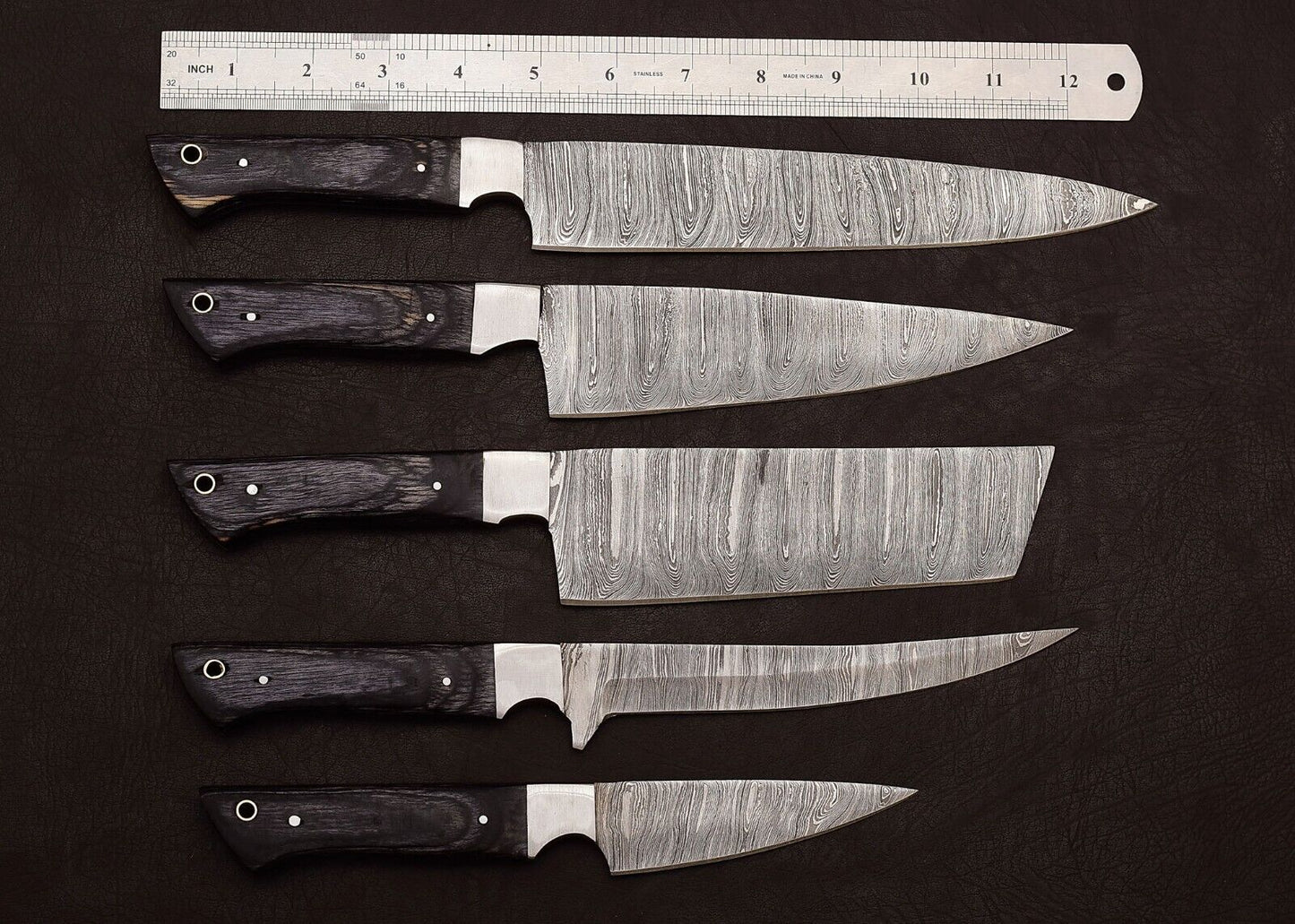 Handmade Damascus Steel Outdoor Kitchen Chef 5 Knives Set with Hardwood Handle