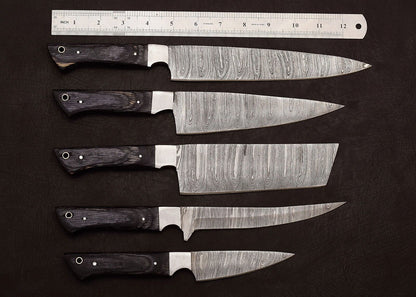 Handmade Damascus Steel Outdoor Kitchen Chef 5 Knives Set with Hardwood Handle
