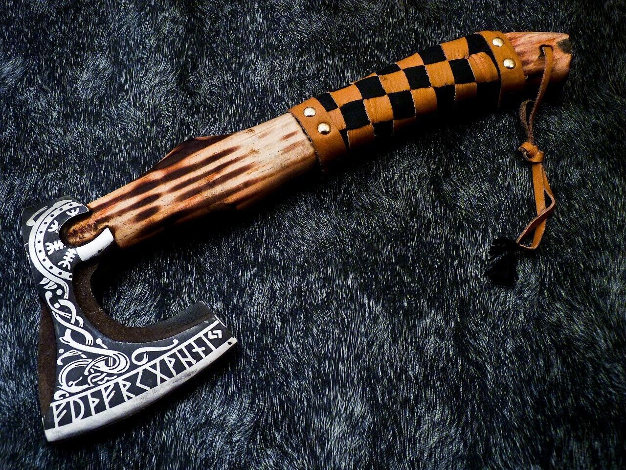 14 Inch Hand Forged Carbon Steel Viking Tactical Bearded Axe with Natural Wood Handle and Leather Sheath
