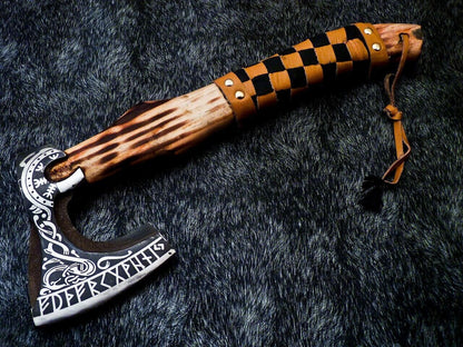 14 Inch Hand Forged Carbon Steel Viking Tactical Bearded Axe with Natural Wood Handle and Leather Sheath