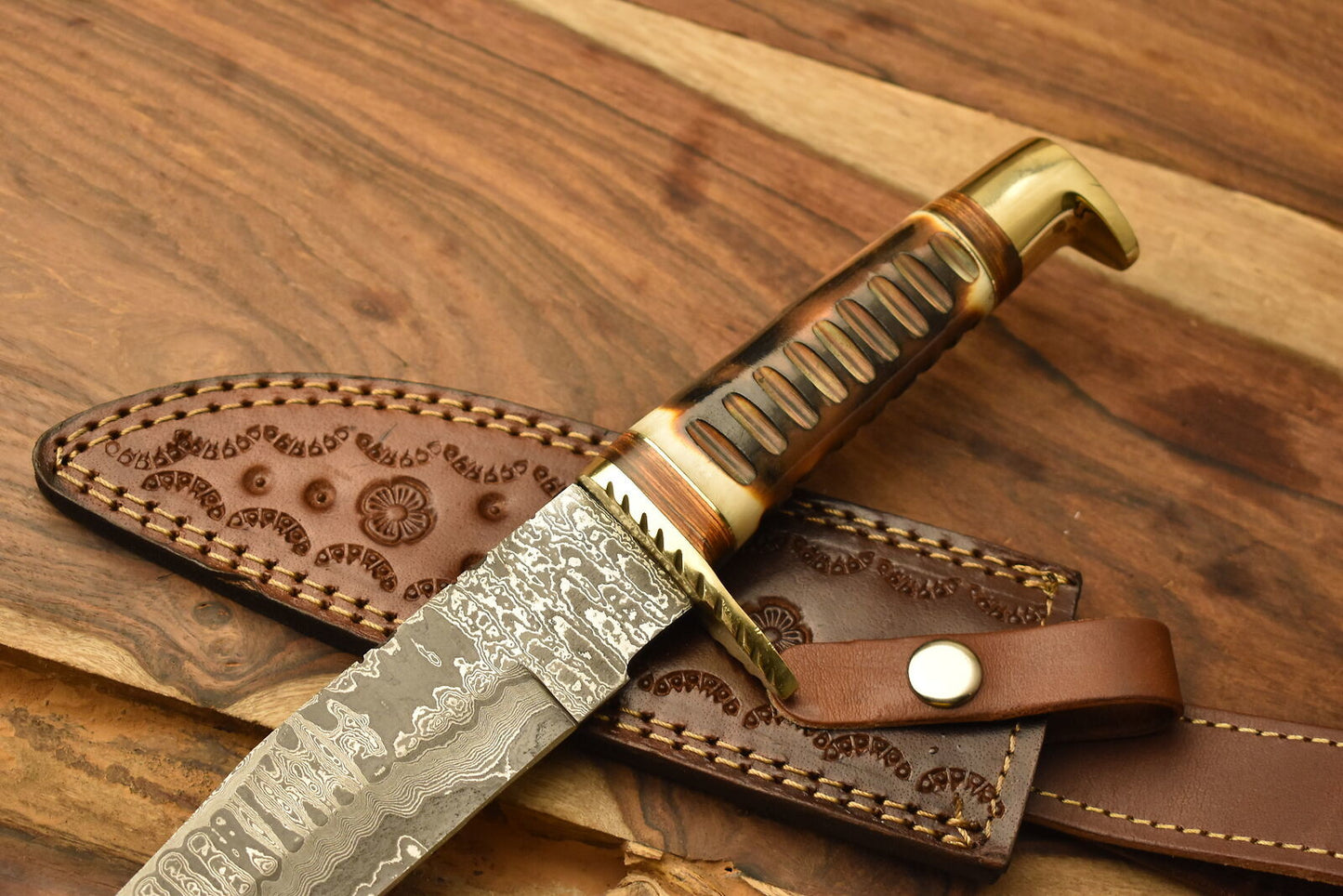 Razor Sharp Damascus Steel Bowie Knife with Camel Bone Handle and Brass Guard