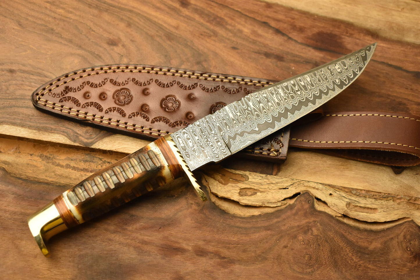 Razor Sharp Damascus Steel Bowie Knife with Camel Bone Handle and Brass Guard