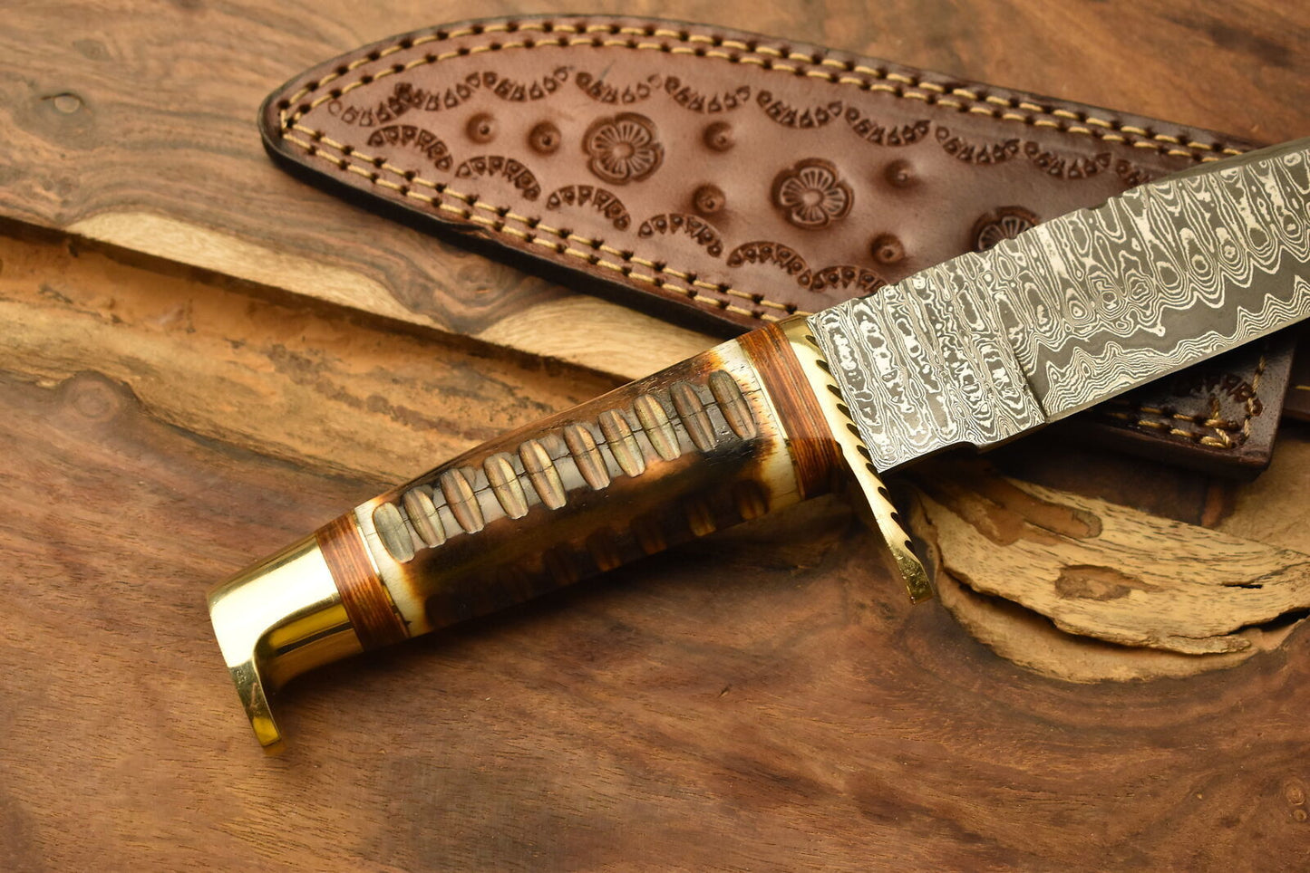 Razor Sharp Damascus Steel Bowie Knife with Camel Bone Handle and Brass Guard