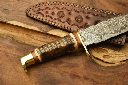 Razor Sharp Damascus Steel Bowie Knife with Camel Bone Handle and Brass Guard