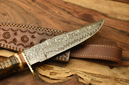 Razor Sharp Damascus Steel Bowie Knife with Camel Bone Handle and Brass Guard