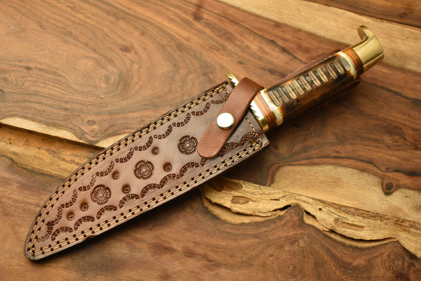 Razor Sharp Damascus Steel Bowie Knife with Camel Bone Handle and Brass Guard