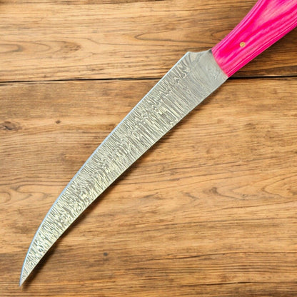 12” Handmade Damascus Fillet Knife with Wooden Handle for Kitchen Use W/Sheath
