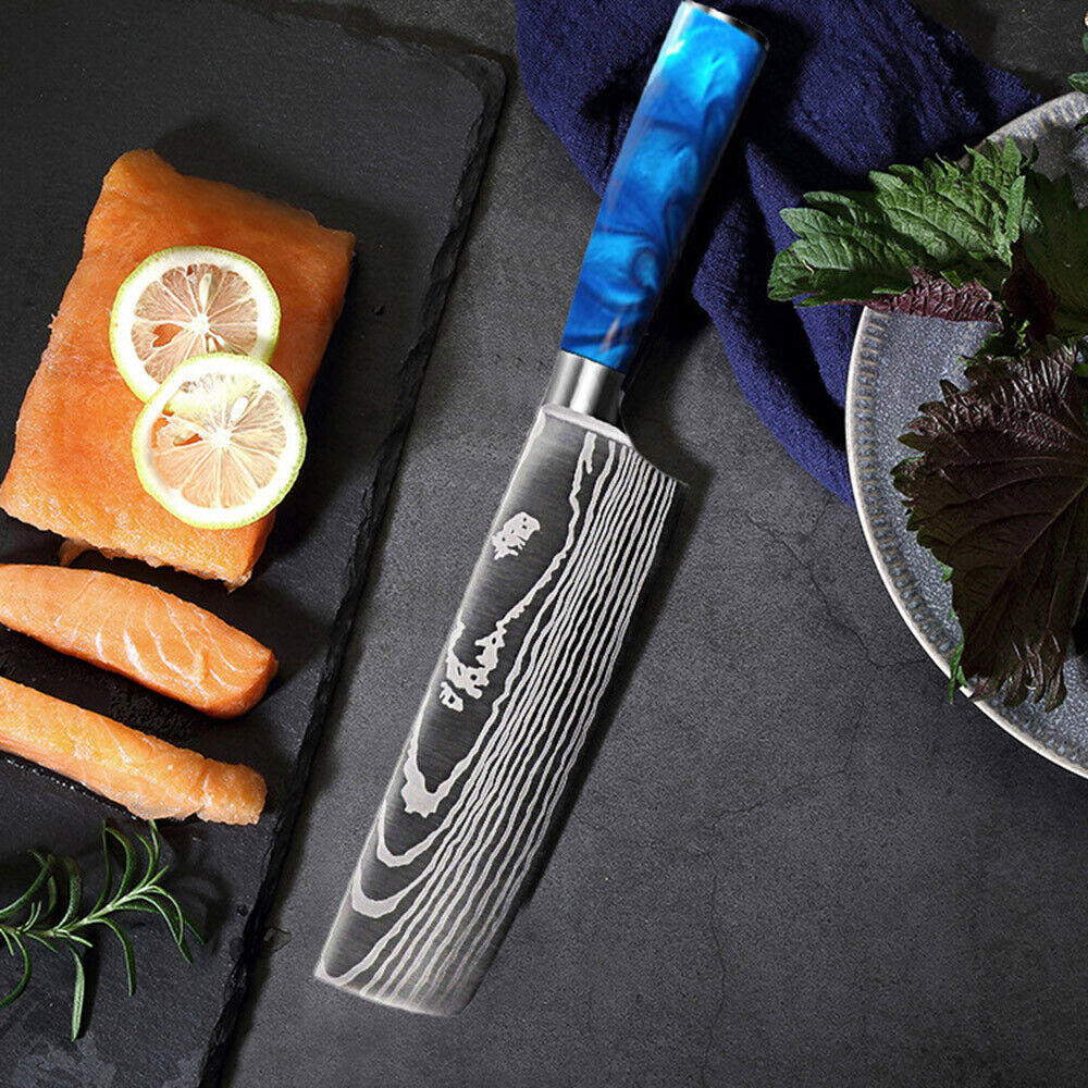Blue 5PC Japanese Kitchen Knives Laser Damascus Pattern Chef Knife Set with Scabbards