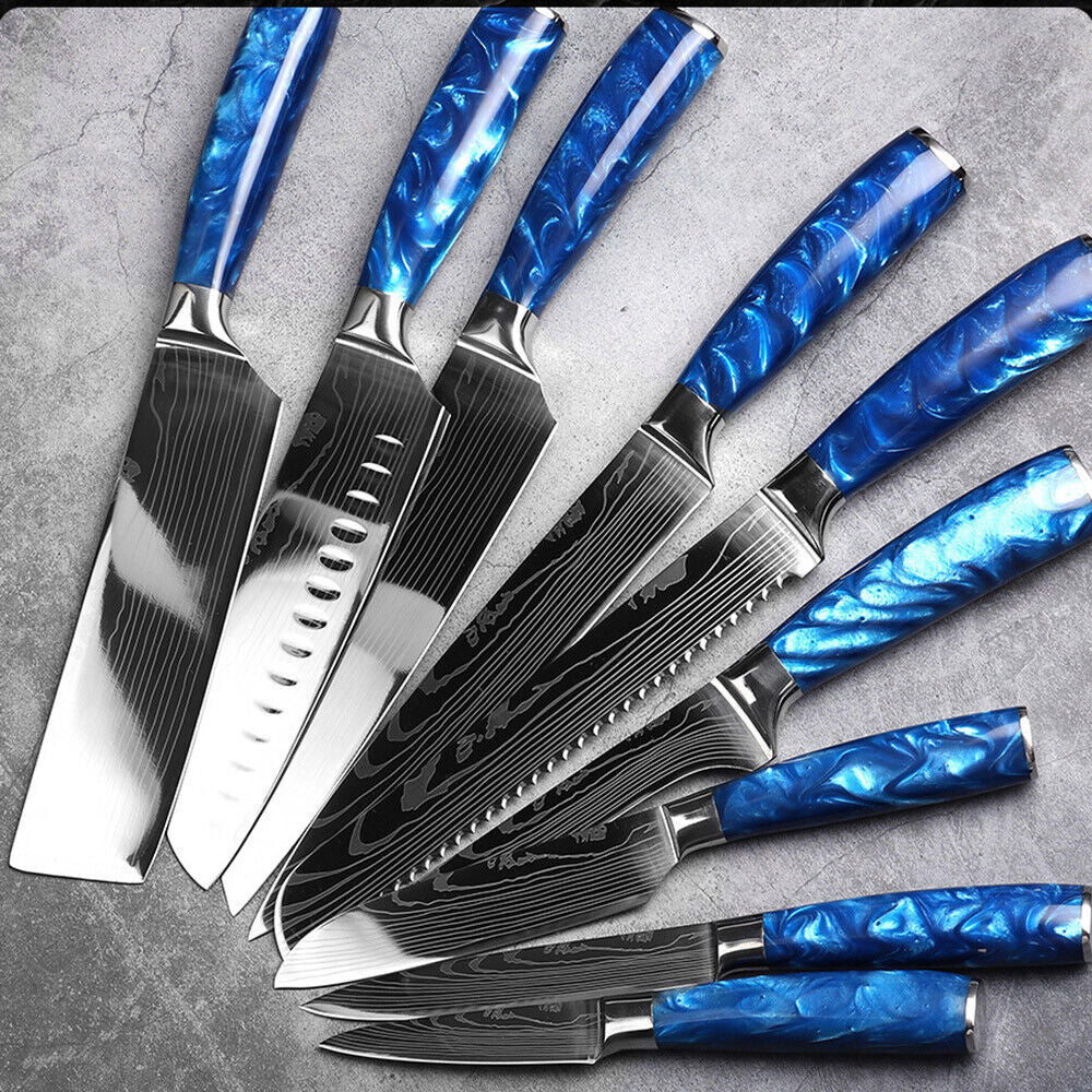 Blue 5PC Japanese Kitchen Knives Laser Damascus Pattern Chef Knife Set with Scabbards