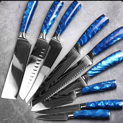Blue 5PC Japanese Kitchen Knives Laser Damascus Pattern Chef Knife Set with Scabbards