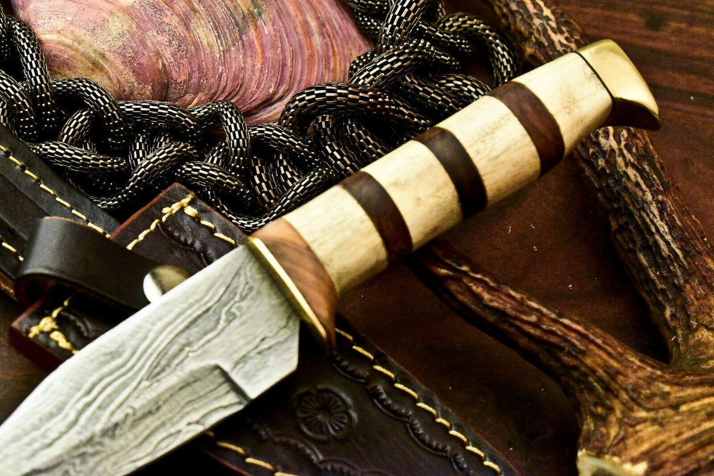 Rare Handmade Damascus Steel Bowie Hunting Knife | Camel Bone Handle