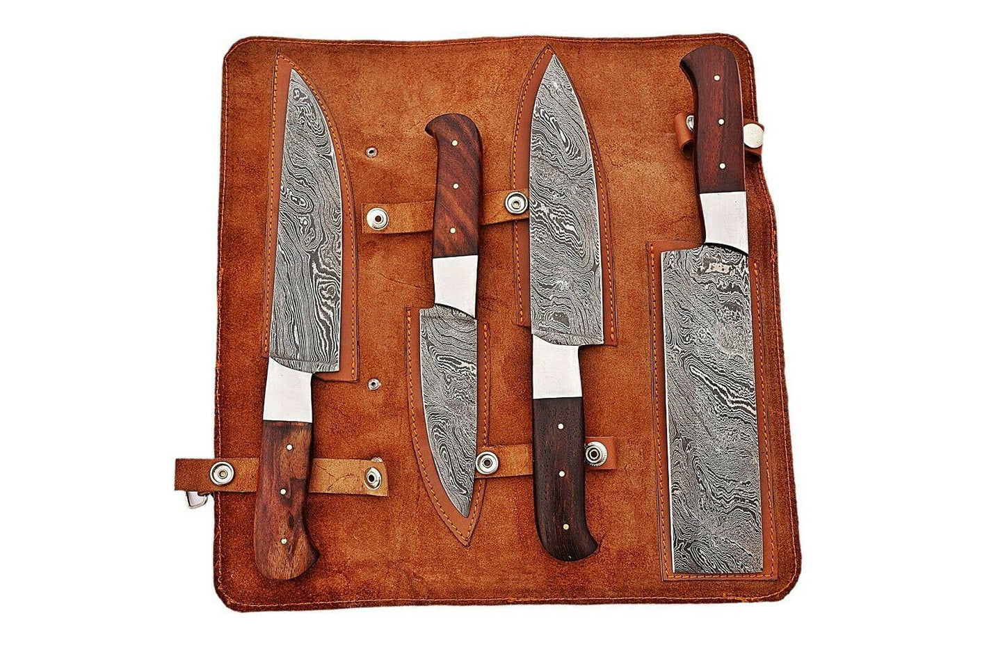 4-Piece Handmade Damascus Chef Knife Set – BBQ & Kitchen Knives with Rosewood Handle and Leather Sheath