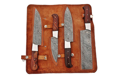 4-Piece Handmade Damascus Chef Knife Set – BBQ & Kitchen Knives with Rosewood Handle and Leather Sheath
