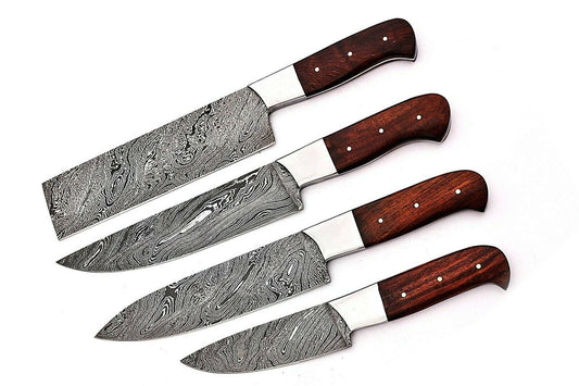 4-Piece Handmade Damascus Chef Knife Set – BBQ & Kitchen Knives with Rosewood Handle and Leather Sheath