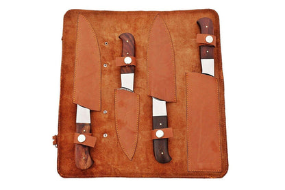 4-Piece Handmade Damascus Chef Knife Set – BBQ & Kitchen Knives with Rosewood Handle and Leather Sheath
