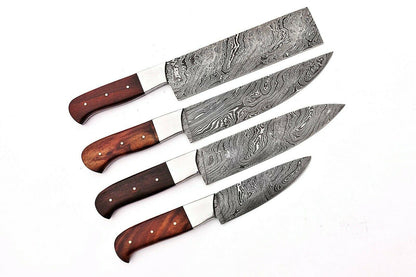 4-Piece Handmade Damascus Chef Knife Set – BBQ & Kitchen Knives with Rosewood Handle and Leather Sheath