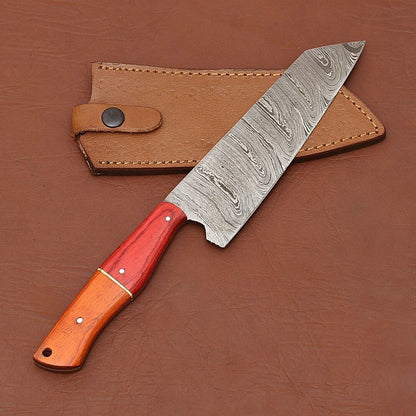 Chef Knife | 12" Kitchen Knife with Wood Handle & Leather Sheath