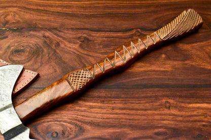 Handmade Damascus Steel Viking Tomahawk Axe with 18" Handle and Leather Sheath