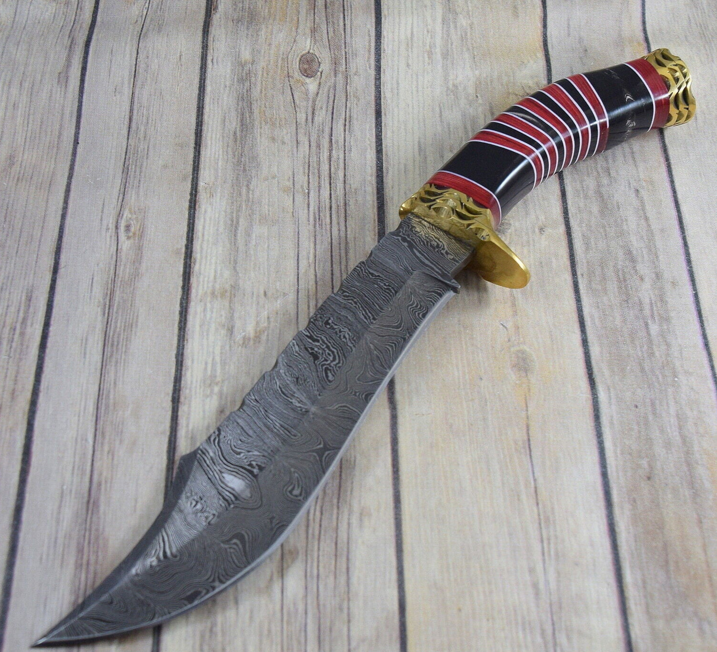 Heritage Forge 14 Inch Damascus Bowie Knife with Resin and Wood Handle + Display Stand